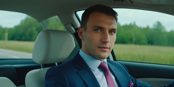 Профессиональный мужчина в костюме и галстуке сидит на заднем сиденье автомобиля и с серьезным выражением смотрит прямо в камеру, а из окна видна пышная зелень.